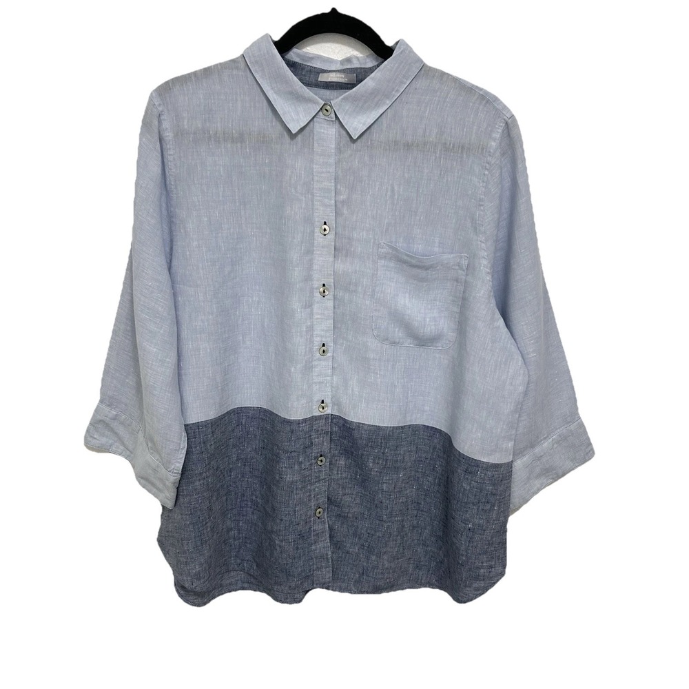 Chico's Linen No iron Blue Color Block Lightweight Button Up Top Sz 3/XL Coastal